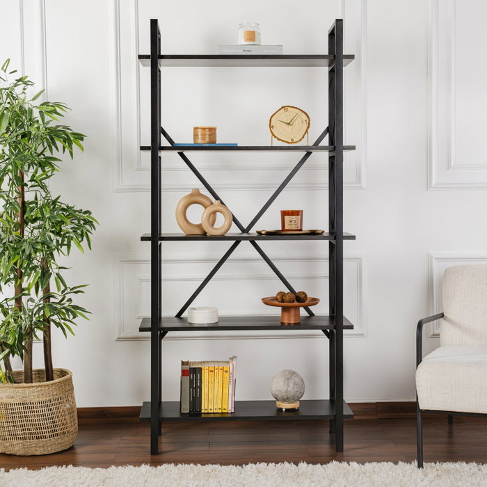 Nordure Estantería Wood Black, Negro - Tablero Melamina y Metal, 90x180x33.5 cm